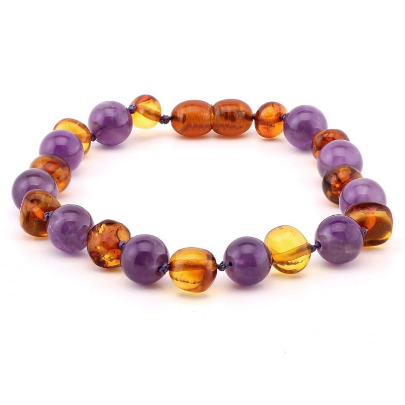 Pulseira Âmbar Báltico Original para Adultos Barroco Conhaque + Ametista